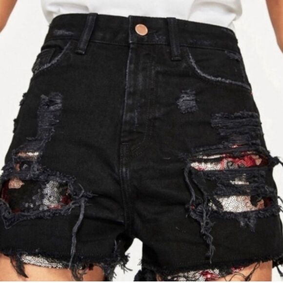 Zara | Sequin High Waist Distressed Shorts - Picture 1 of 6